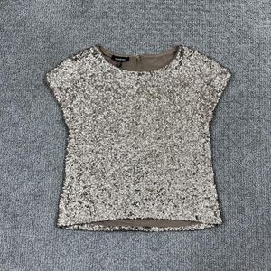 Bebe Top Womens XS Gold Sequin Short Sleeve Party Blouse Stretch Crew Neck